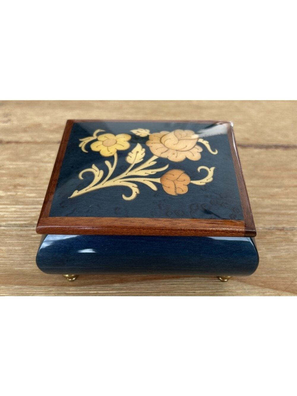 MAPSA Wood Inlay Floral Marquetry Music Box Edelweiss Swiss Movement Italy VTG